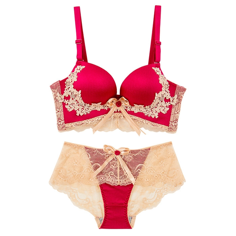 维多利亚红色内衣女小胸聚拢无钢圈收副乳结婚新娘本命年文胸套装