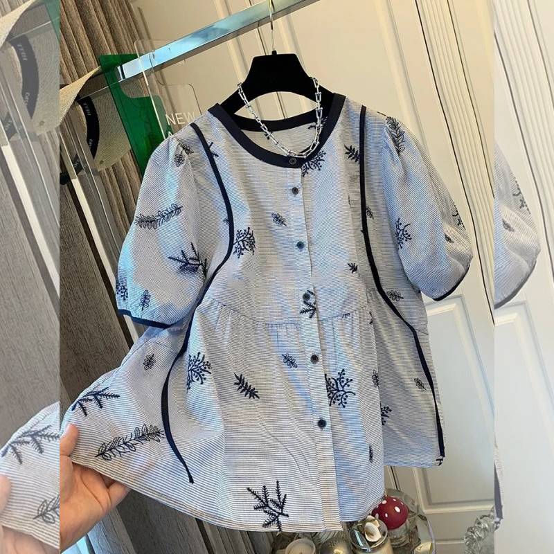 法式刺绣条纹碎花宽松泡泡袖大码娃娃衬衫女宽松时尚休闲夏季新品