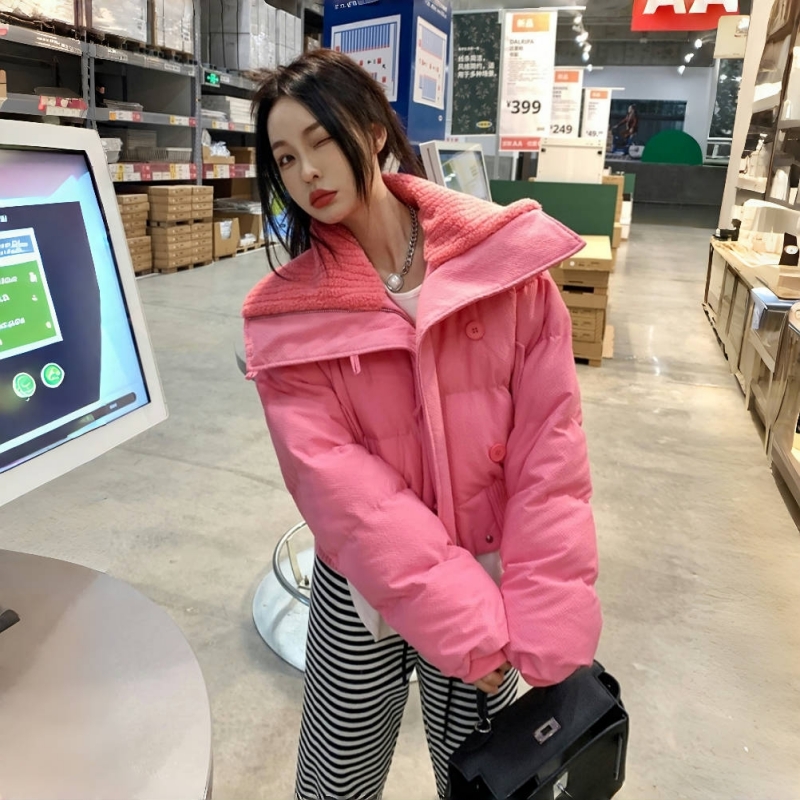 2025年新款冬季翻领短款休闲棉服女小个子韩版设计感棉衣棉袄外套