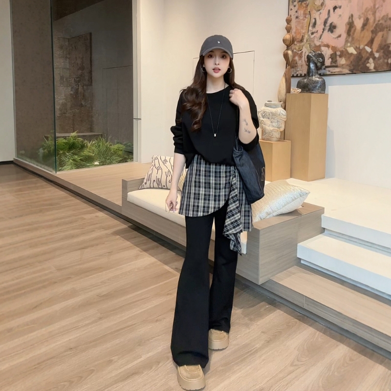 现货运费险】秋季新款洋气宽松斜肩卫衣+拼接格子微喇叭裤套装