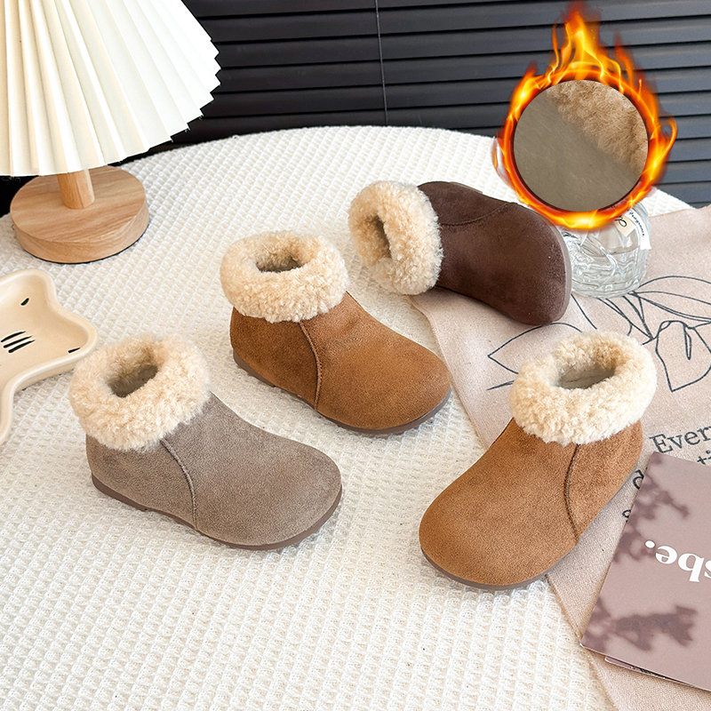 女童棉靴冬季新款男童加绒毛毛短靴保暖舒适小女孩加绒小童雪地靴