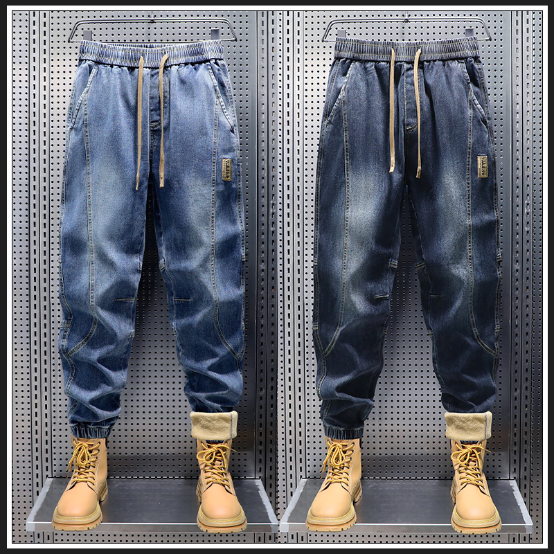 AOPAISHARK/奥派鲨秋冬男士加绒束脚牛仔裤哈伦裤松紧腰宽松裤子
