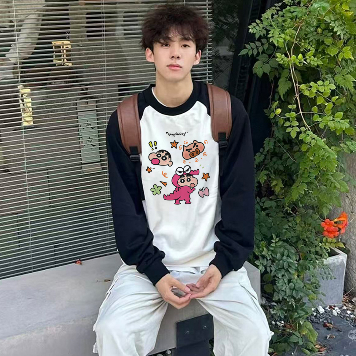 日系趣味卡通印花插肩长袖T恤男秋季ins潮牌百搭宽松纯棉休闲上衣