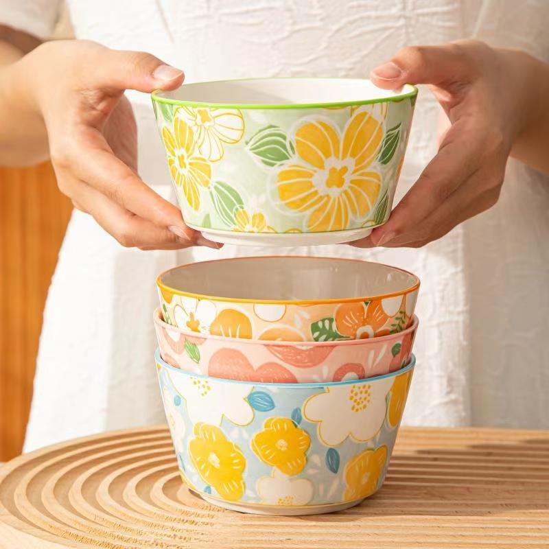 花漾年华4.8英寸碗4只装休闲风日式北欧风高温釉下彩陶瓷新款