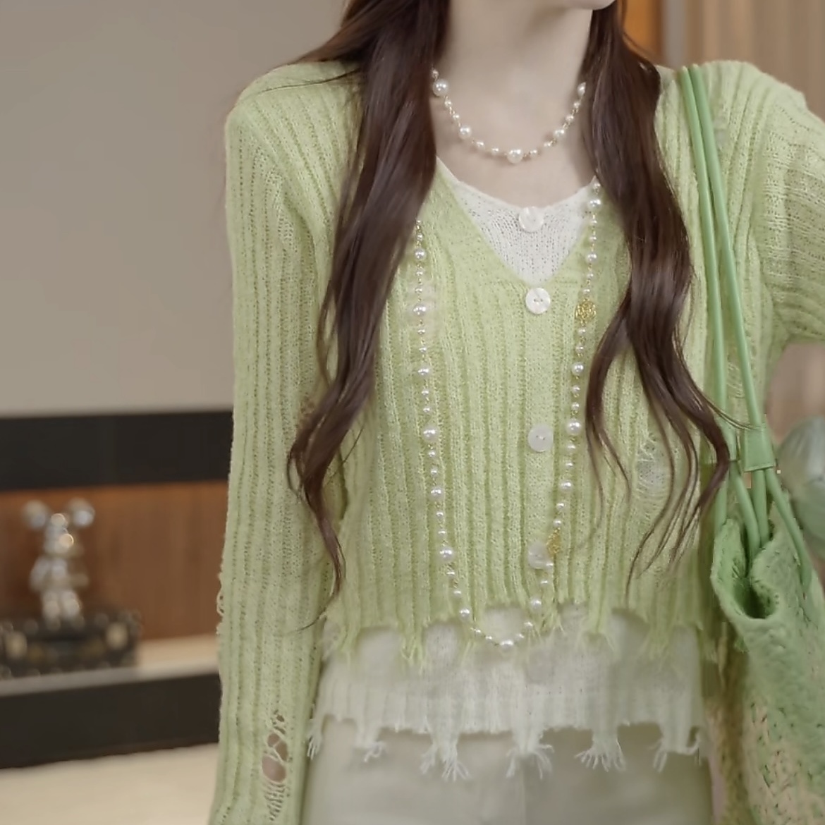 设计感减龄镂空破洞假两件针织衫女春秋新款显瘦气质时尚温柔上衣