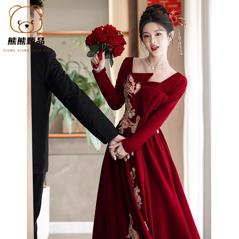 敬酒服新娘秋冬高级感红色结婚便装回门订婚礼服连衣裙新中式长yl