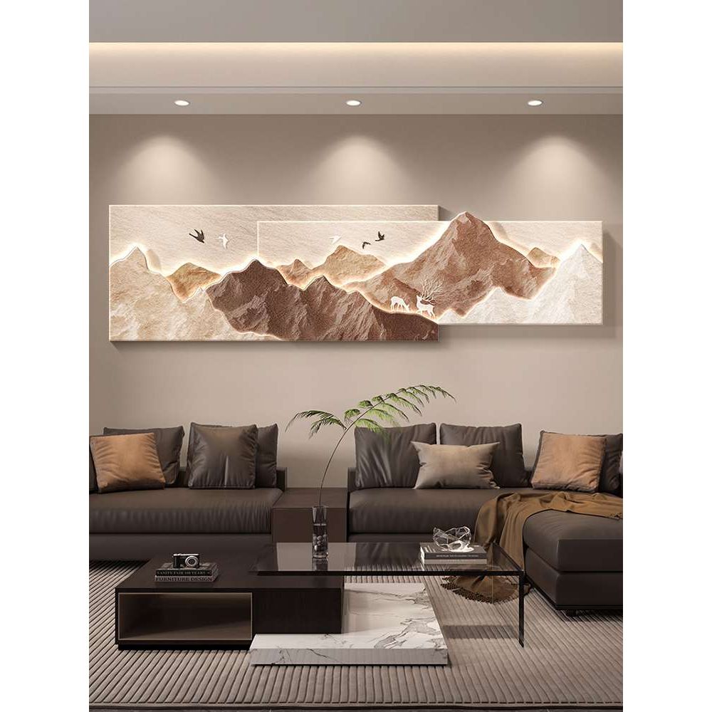 轻奢高级感客厅沙发背景墙挂画背有靠山立体装饰画山水高档壁灯画