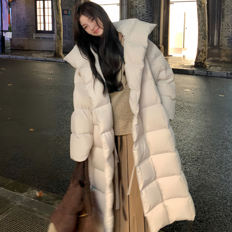 2025年新款冬季韩版棉服女过膝连帽小个子中长款收腰白色棉衣外套