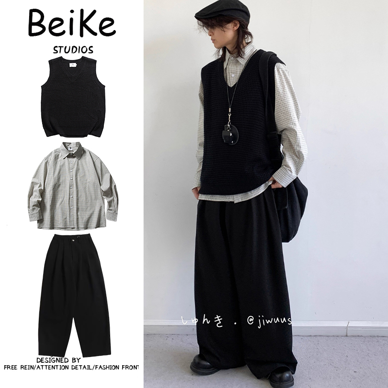 三件装/春秋日系复古针织背心毛衣男女生慵懒学院风休闲坎肩套装