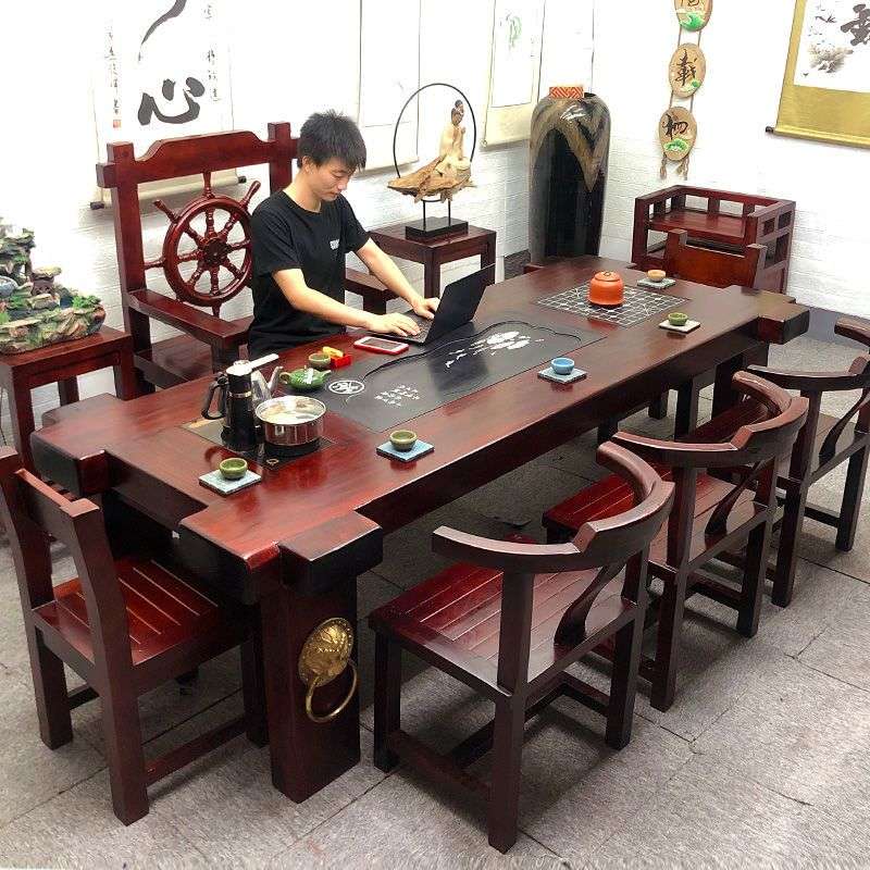 老船木茶桌椅组合办公室茶台实木功夫茶几家智能泡小户长方形茶几