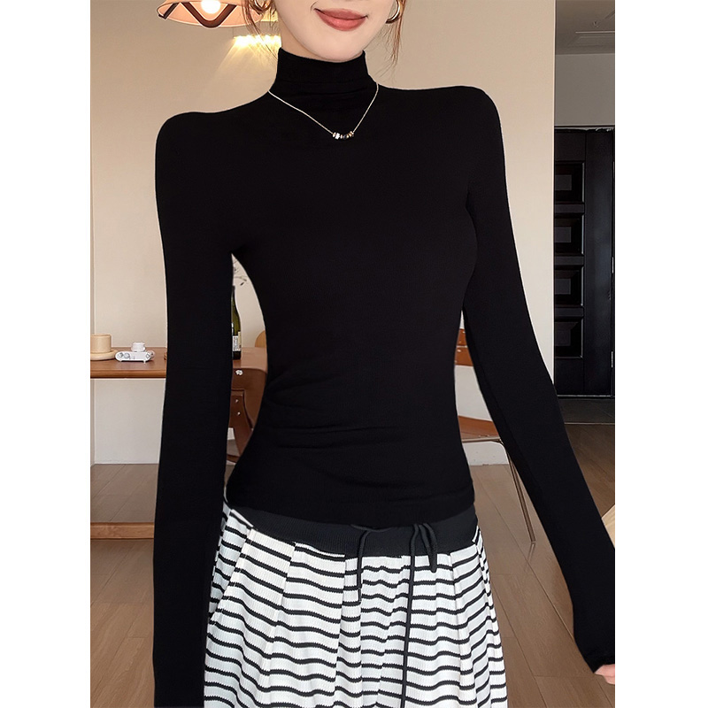 黑色高领螺纹秋冬高级感气质修身显瘦长袖女正肩收腰磨毛打底衫女