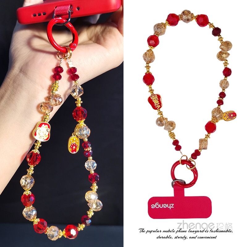 新年款红色招财猫手机挂绳ins高档水晶精品手作串珠链短款手腕挂