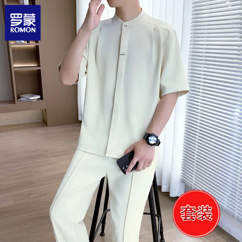 罗蒙设计感冰丝薄款立领短袖衬衫男士新中式衬衣裤子休闲两件套装
