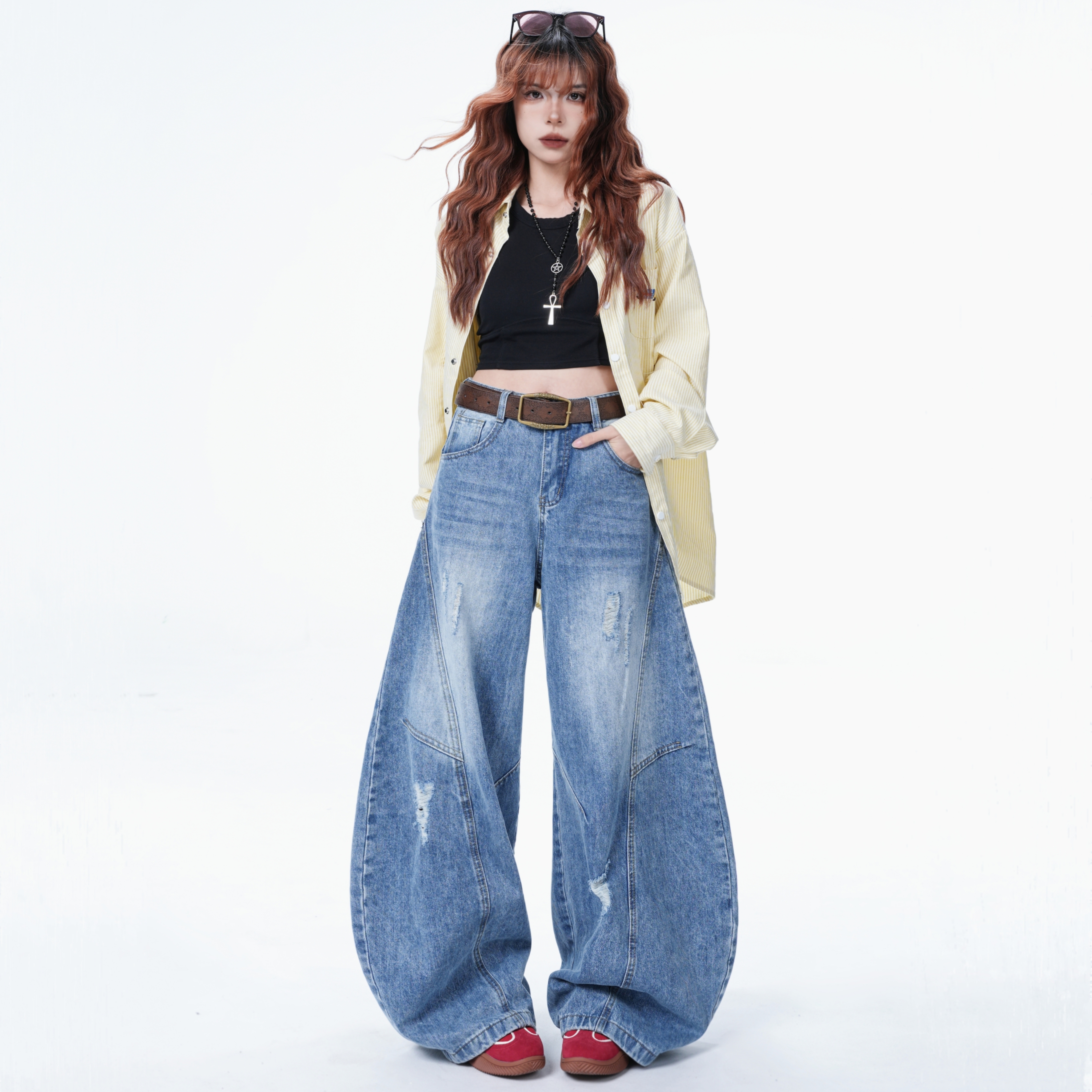 【晓林专属】美式弯刀牛仔裤女2025春夏新款潮流百搭宽松拖地阔腿裤