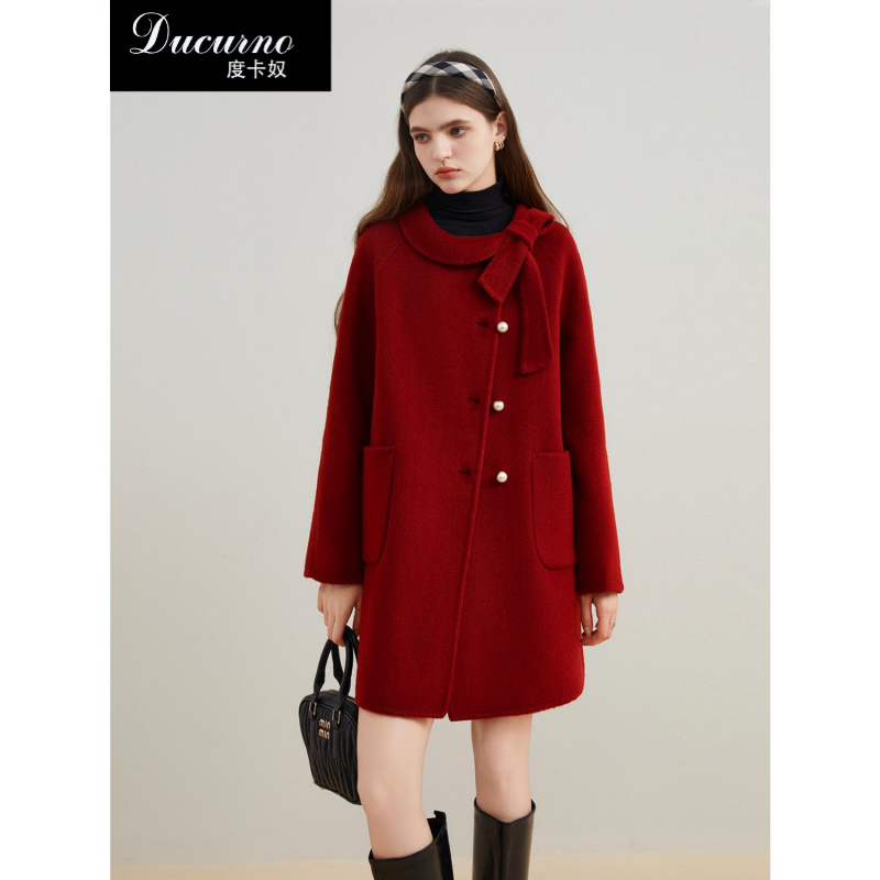气质少女千金风红色双面羊毛呢蝴蝶结外套女2025冬季小个子大衣