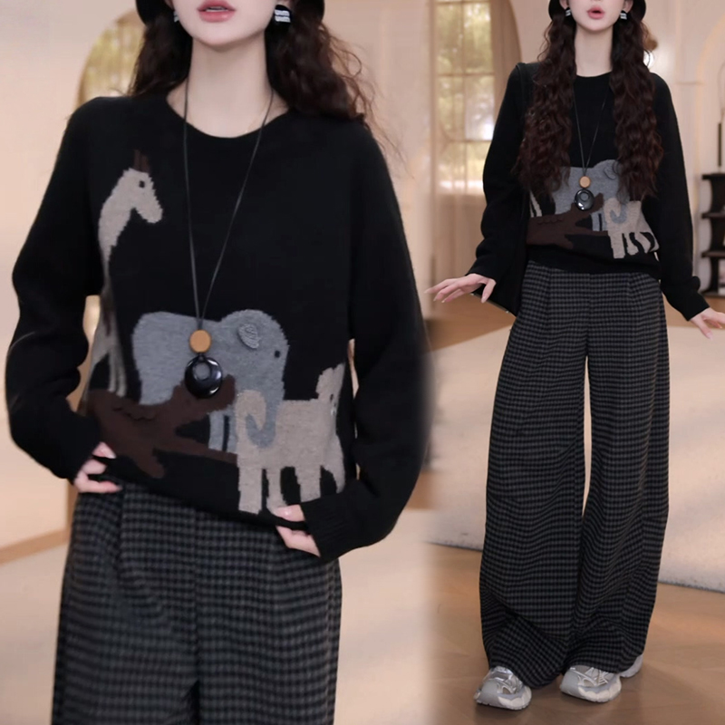 2025韩系时尚套装秋冬动物乐园针织衫毛衣松紧腰高腰格子休闲裤