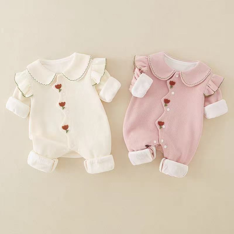 婴儿秋冬连体衣加棉外套公主哈衣女宝宝衣服外出爬服