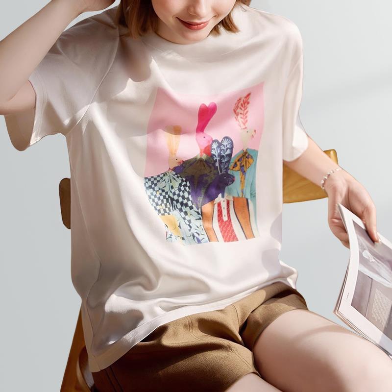 淳启大尺码t恤女2025年夏季新款舒适感宽松上衣百搭印花艺术感圆