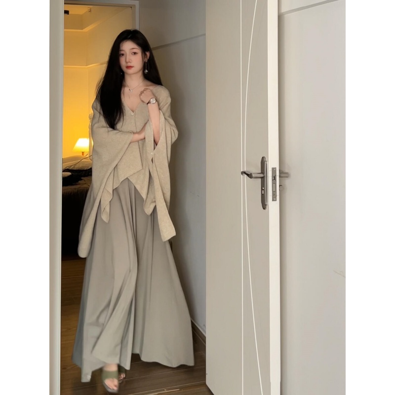 parkyeon秋季新款设计感V领针织上衣气质收腰显瘦吊带连衣裙套装