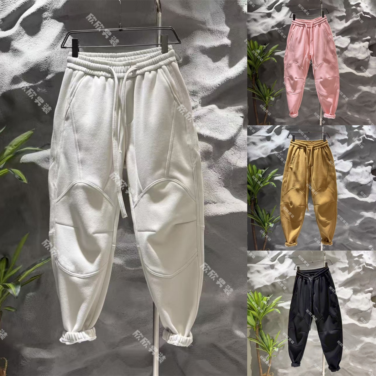 潮牌加绒重磅刺绣运动休闲弯刀束脚裤