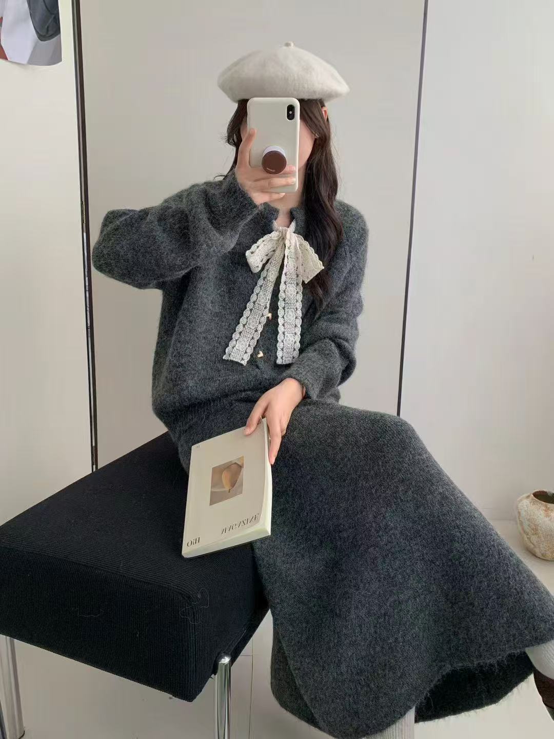 MT DISTORTION蝴蝶结针织上衣半裙时尚套装秋冬季女