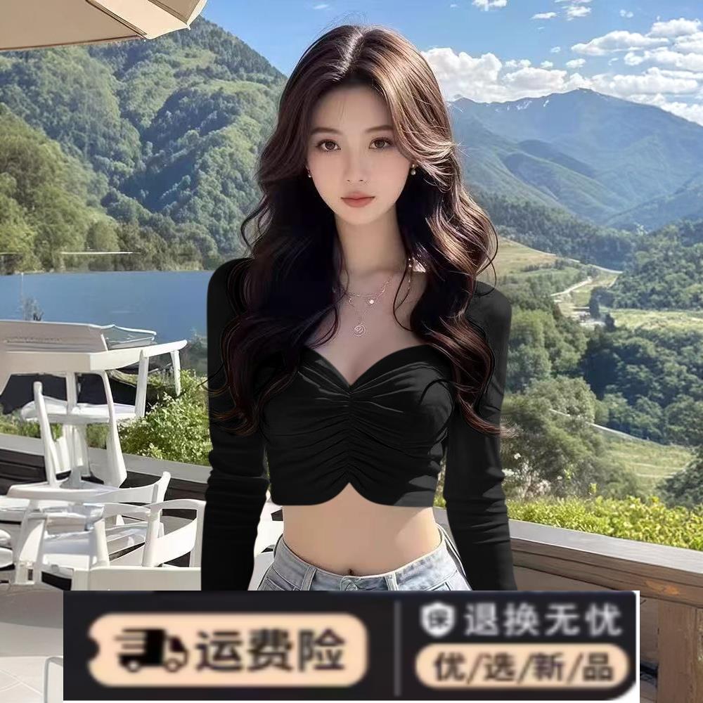 纯欲风辣妹V领褶皱长袖内搭衣女春秋款设计感露脐修身短款小上衣