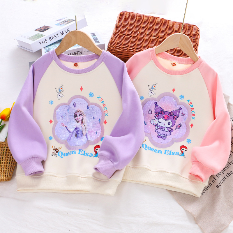 女童卫衣秋季新款儿童变脸亮片卫衣儿童秋天撞色插肩袖卡通长袖衫