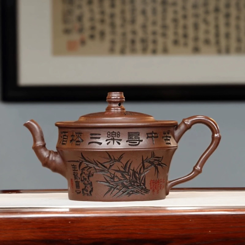 宜兴紫砂清风竹段汉瓦240CC紫泥手制竹节壶纯手工