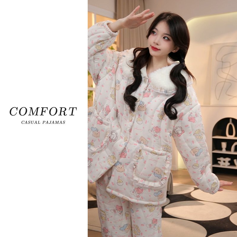 法兰绒睡衣女款爆款2024年新款三层夹棉加绒加厚秋冬保暖家居服