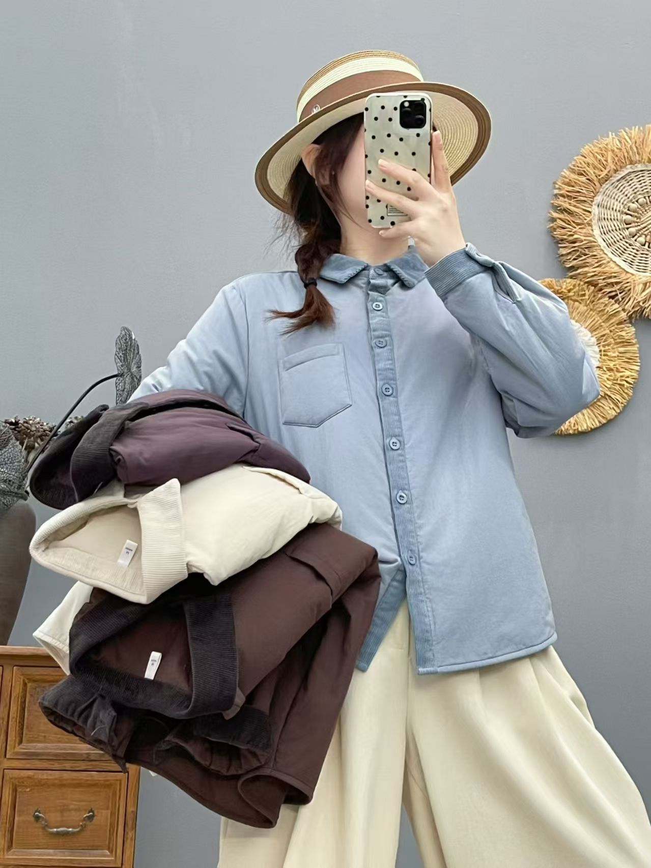 长袖翻领加棉厚款女保暖衬衫拼接棉服百搭韩版宽松打底86512