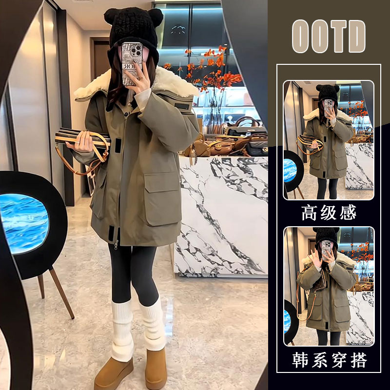 韩版复古设计大翻领中长款羊羔绒派克服女春季2025新款小个子外套