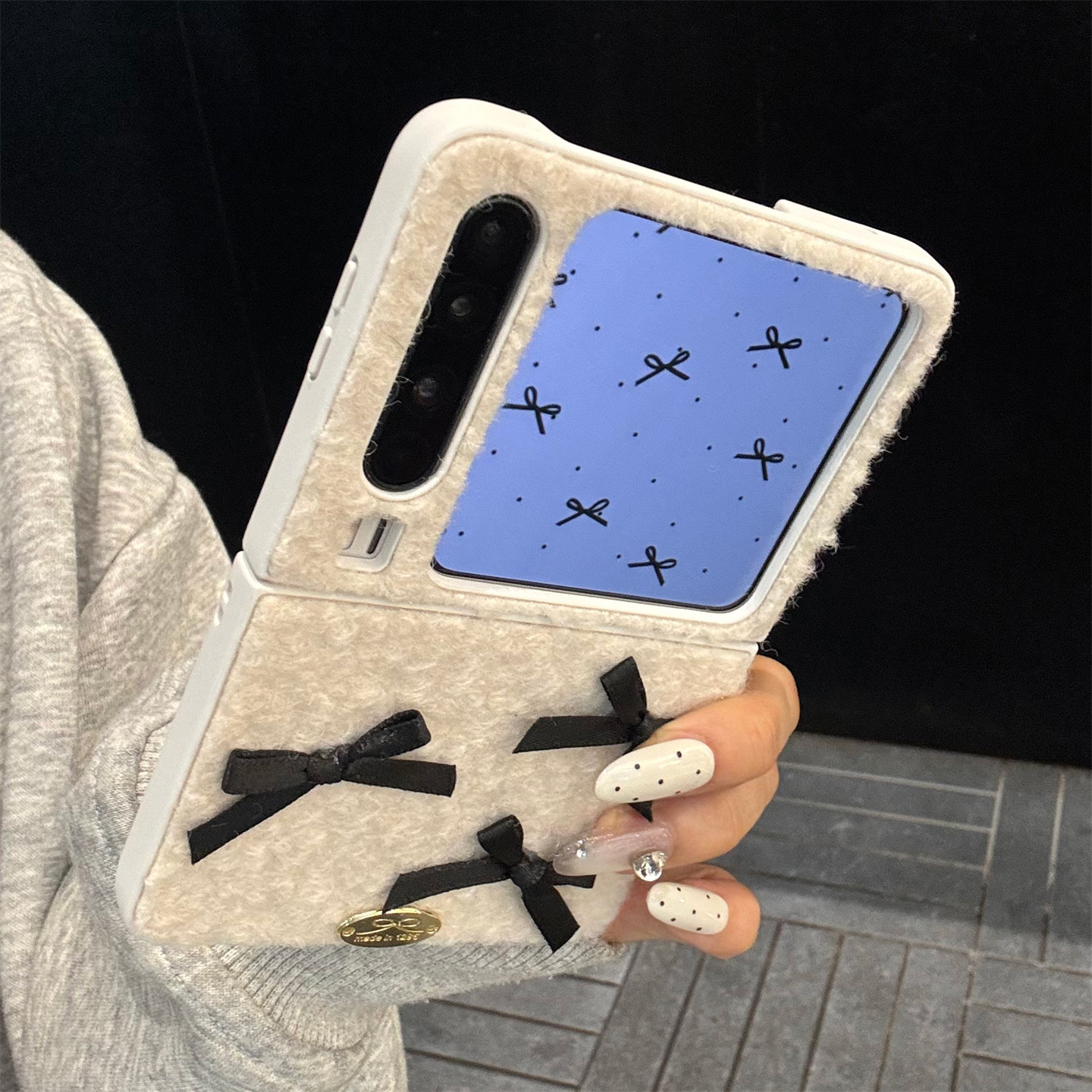 适用华为purax典藏版手机壳黑白边框pocket2秋冬毛绒立体蝴蝶结女