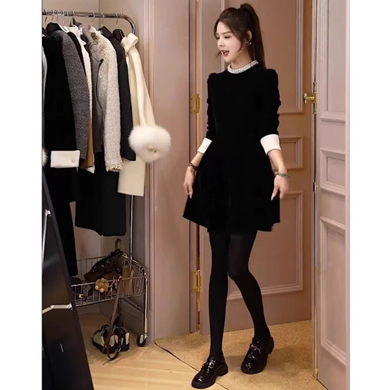 2025春秋高级感礼服裙气质撞色拼接小黑裙茶歇法式连衣裙连衣裙潮