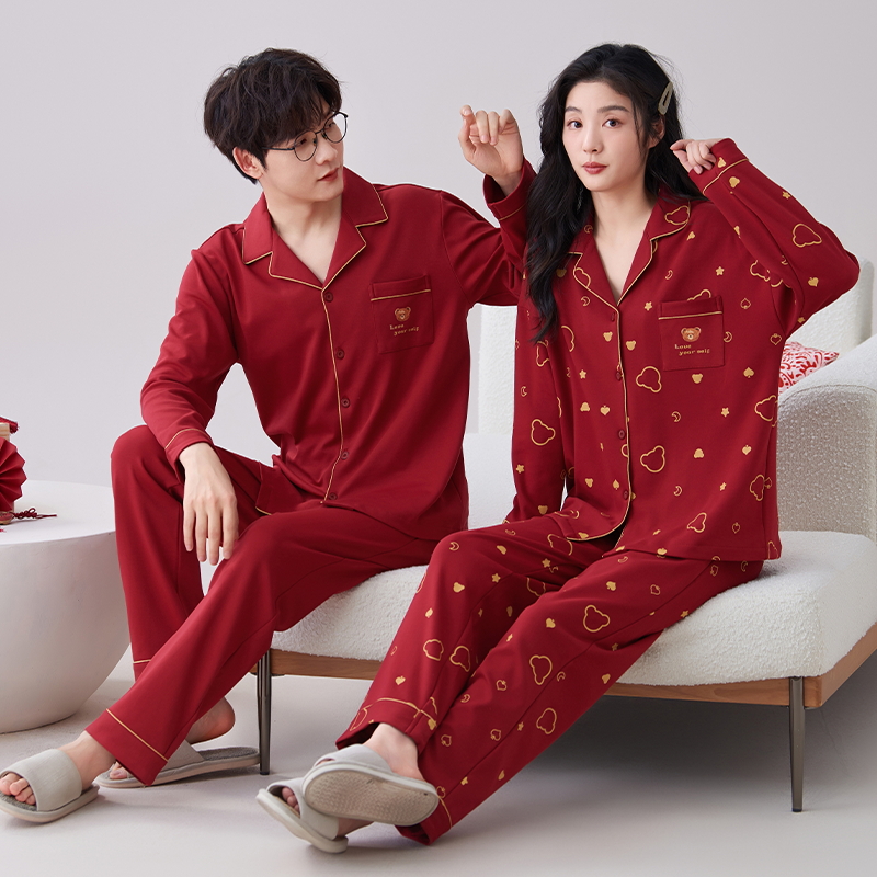 高档结婚情侣纯棉睡衣长袖春秋新婚喜庆大红色一男一女家居服套装