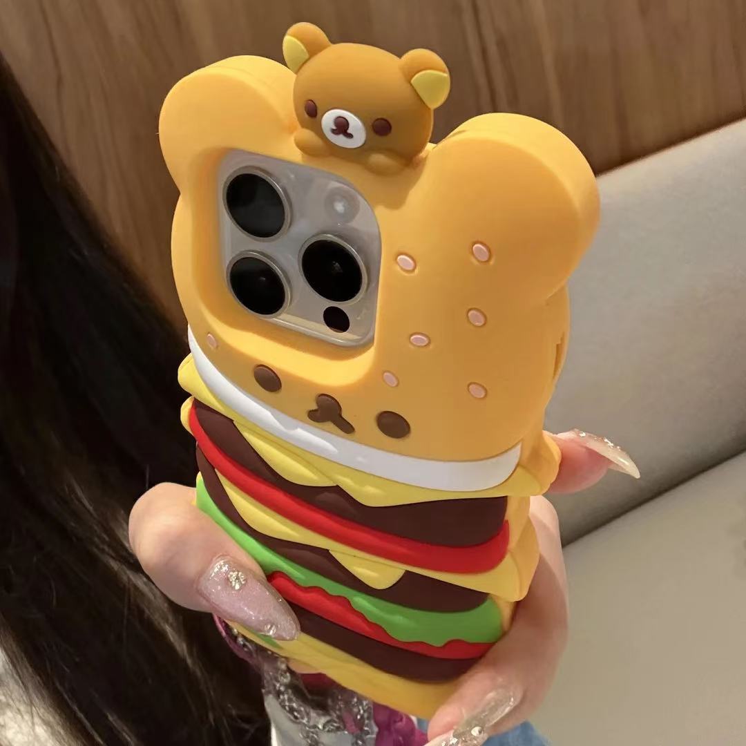 创意立体汉堡小熊适用iPhone16promax手机壳可爱15少女心14个性13