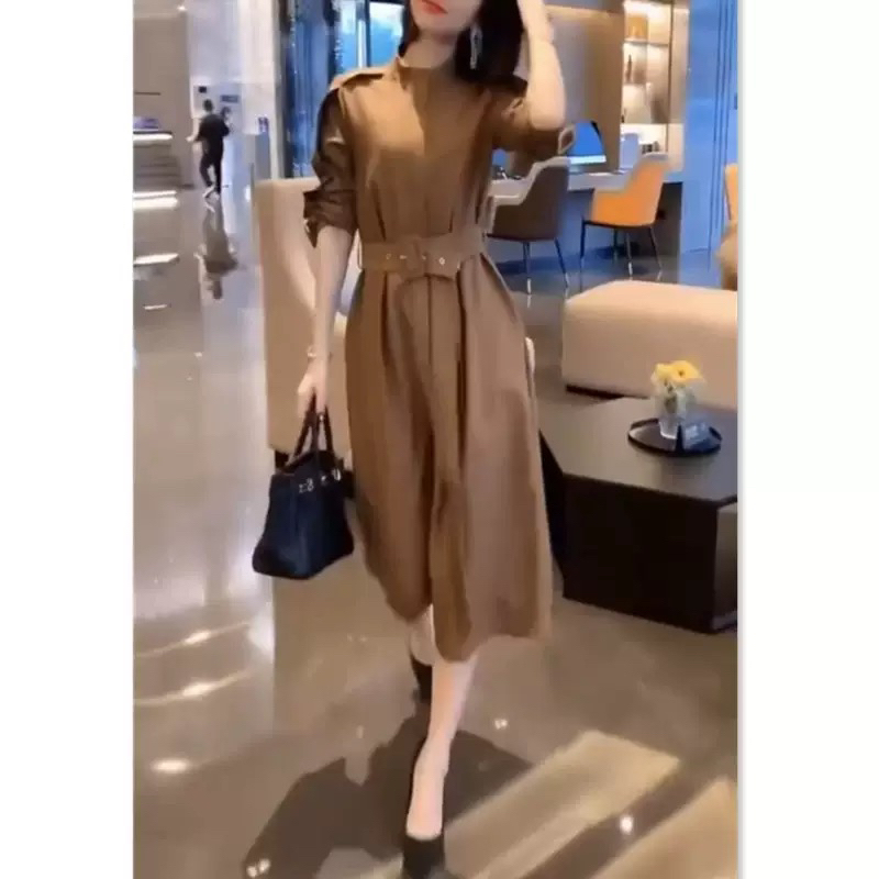 新款时尚立领收腰连衣裙女中长款显瘦女装