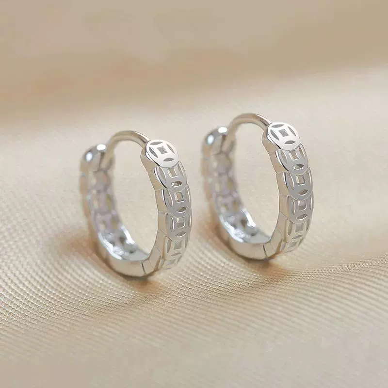 925银耳饰 招财转运钱多多铜钱耳环钱币旺财聚财中式复古耳钉轻奢