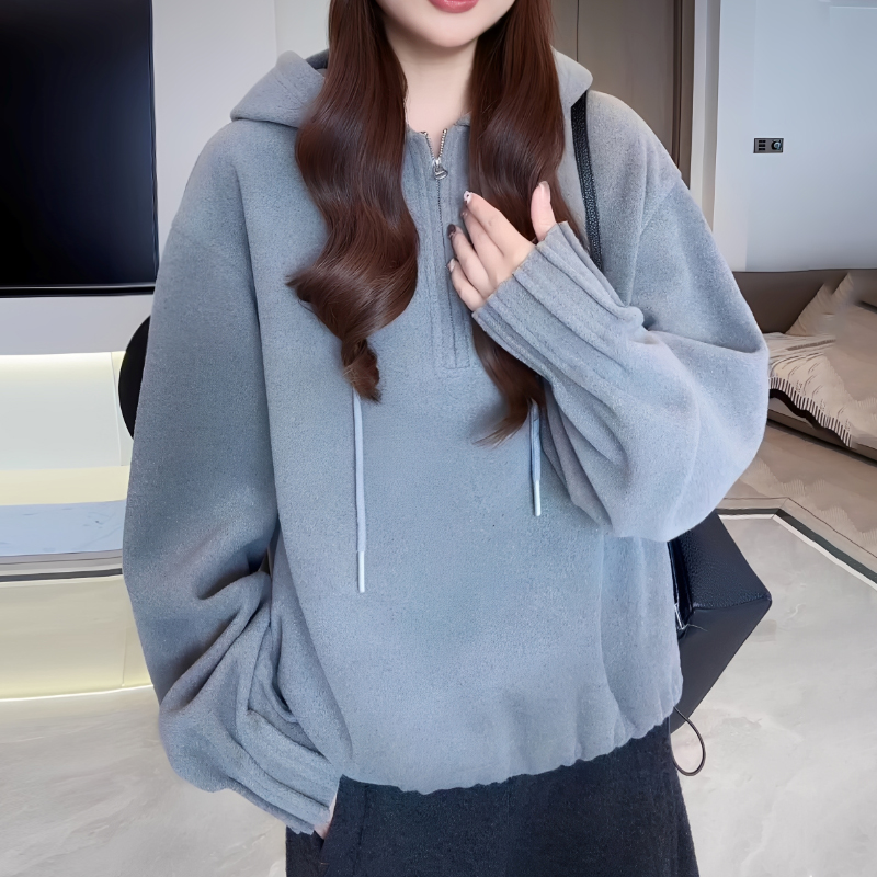 加绒灰色抽绳连帽卫衣外套女冬季2025新款半拉链上衣时尚洋气爆款