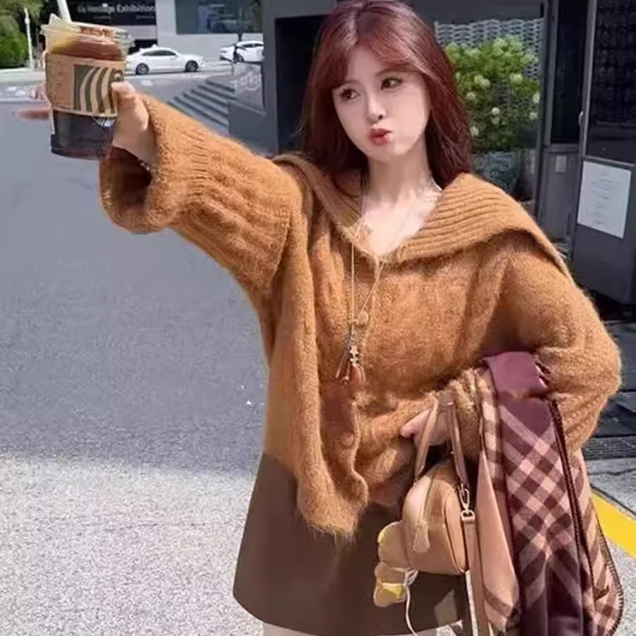 网红时尚针织上衣韩版翻领毛针织衫通勤冬季休闲风套头短款