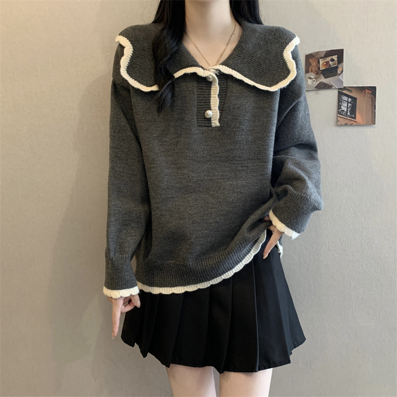 大码慵懒风娃娃领宽松毛衣女秋冬胖mm宽松显瘦洋气休闲针织衫上衣