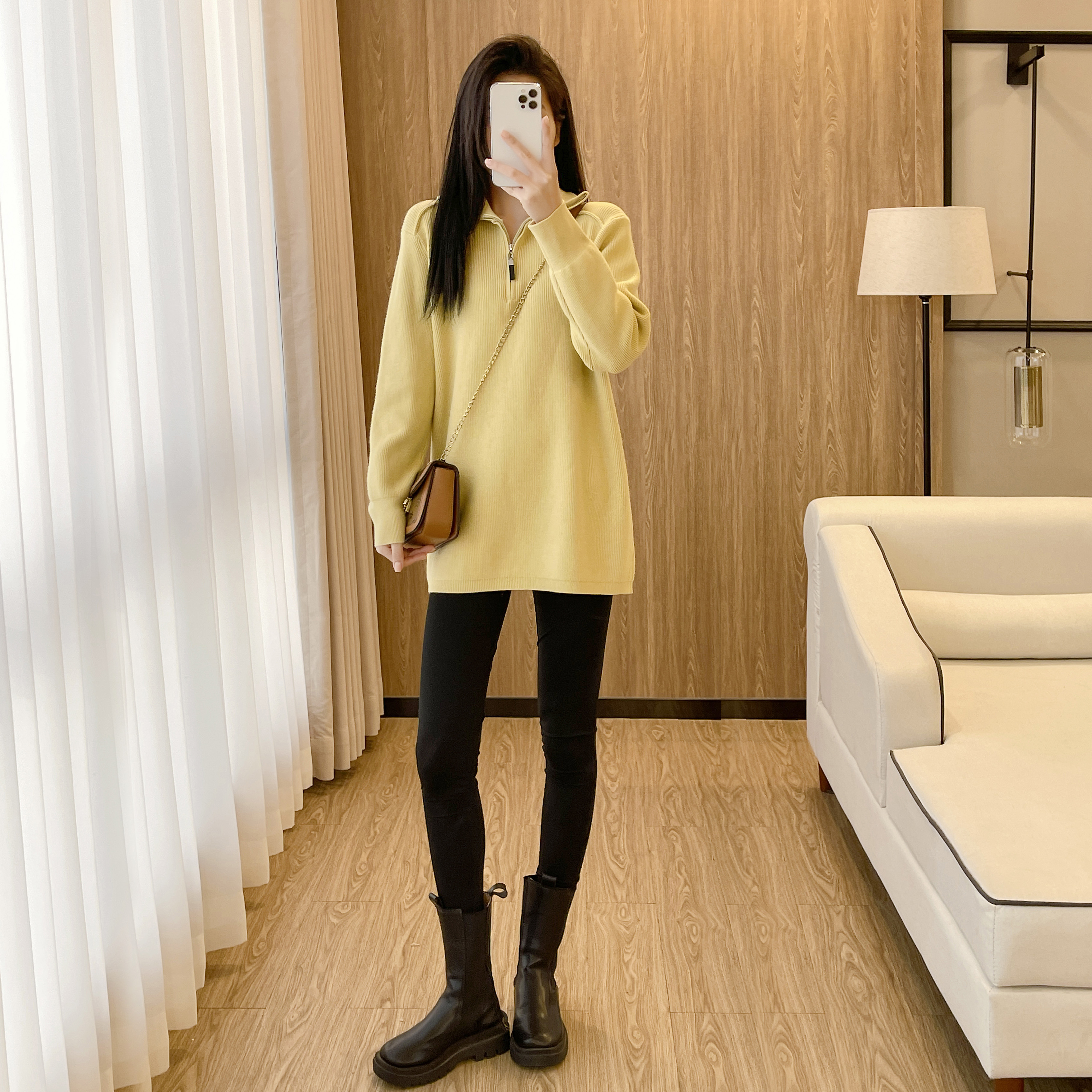 秋冬中长款遮屁股针织衫女软糯加厚保暖毛衣宽松拉链立领内搭上衣