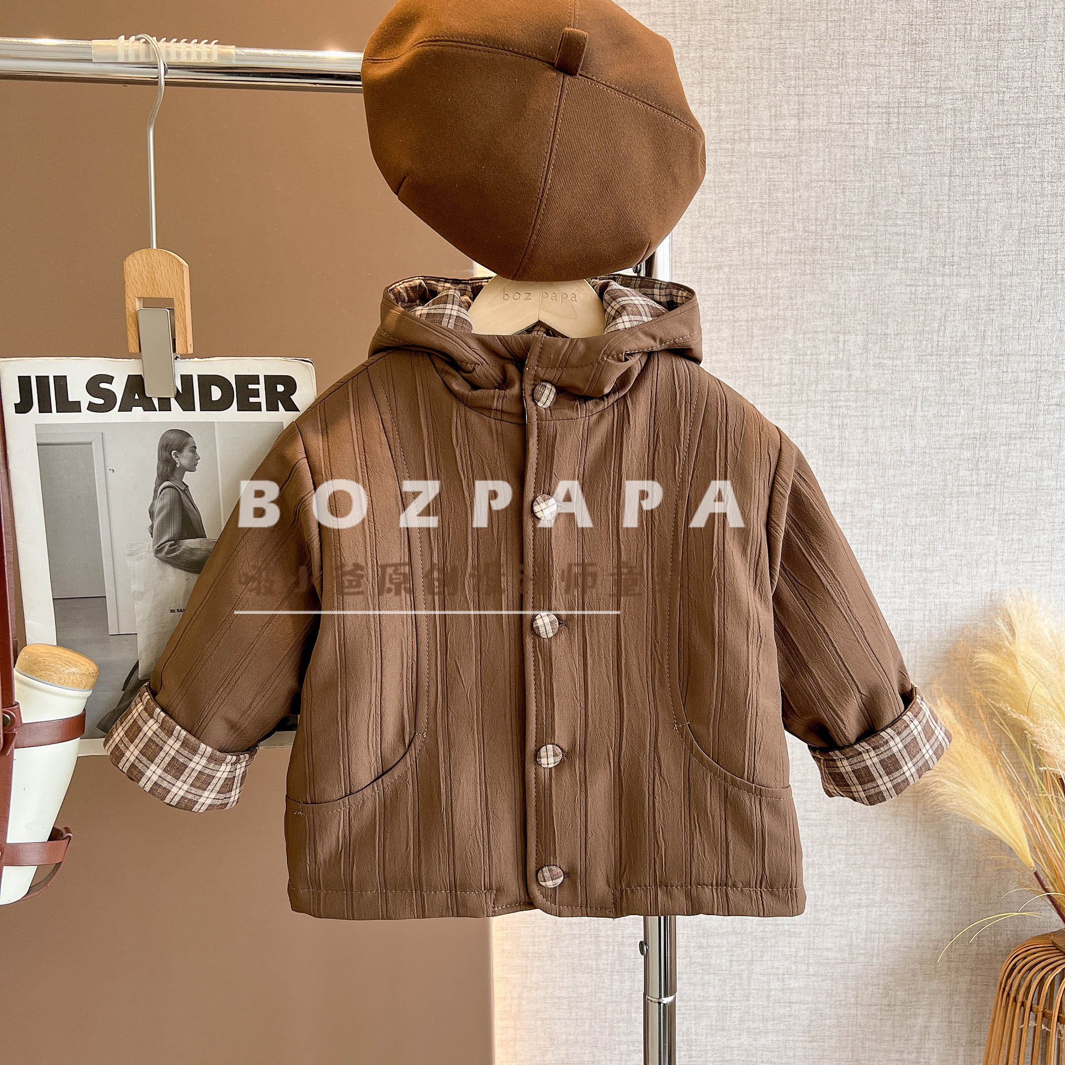 啵小爸【曼城旧事】2025年冬季新款男童袖口拼格子连帽夹棉外套