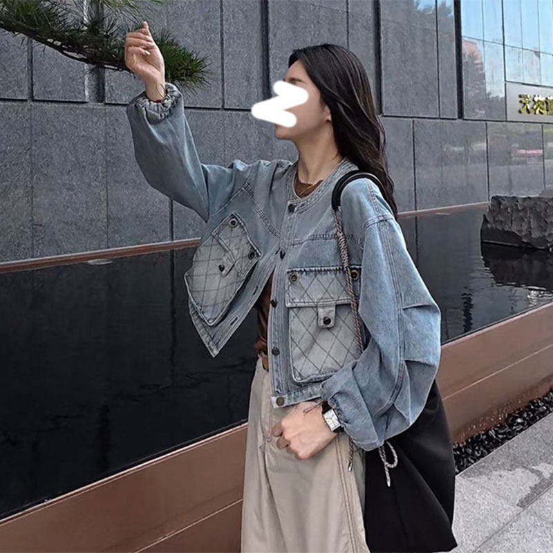 早秋季圆领复古牛仔外套女美式休闲独特超好看高级感短款夹克上衣