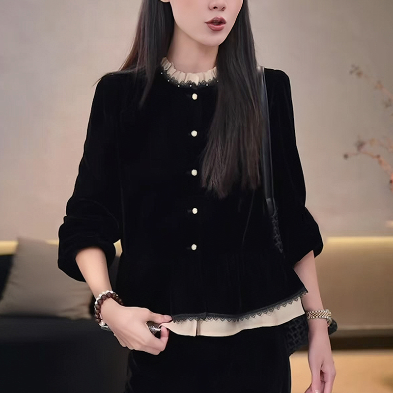 2025秋冬新款女假两件立领衬衫高级感洋气减龄黑色丝绒打底上衣