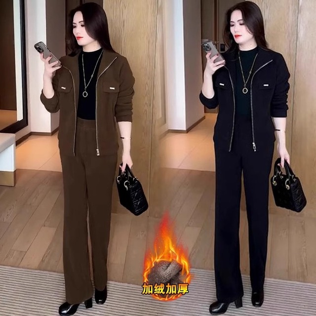 加绒加厚休闲运动套装女2025冬季时髦洋气立领开衫阔腿裤两件套潮