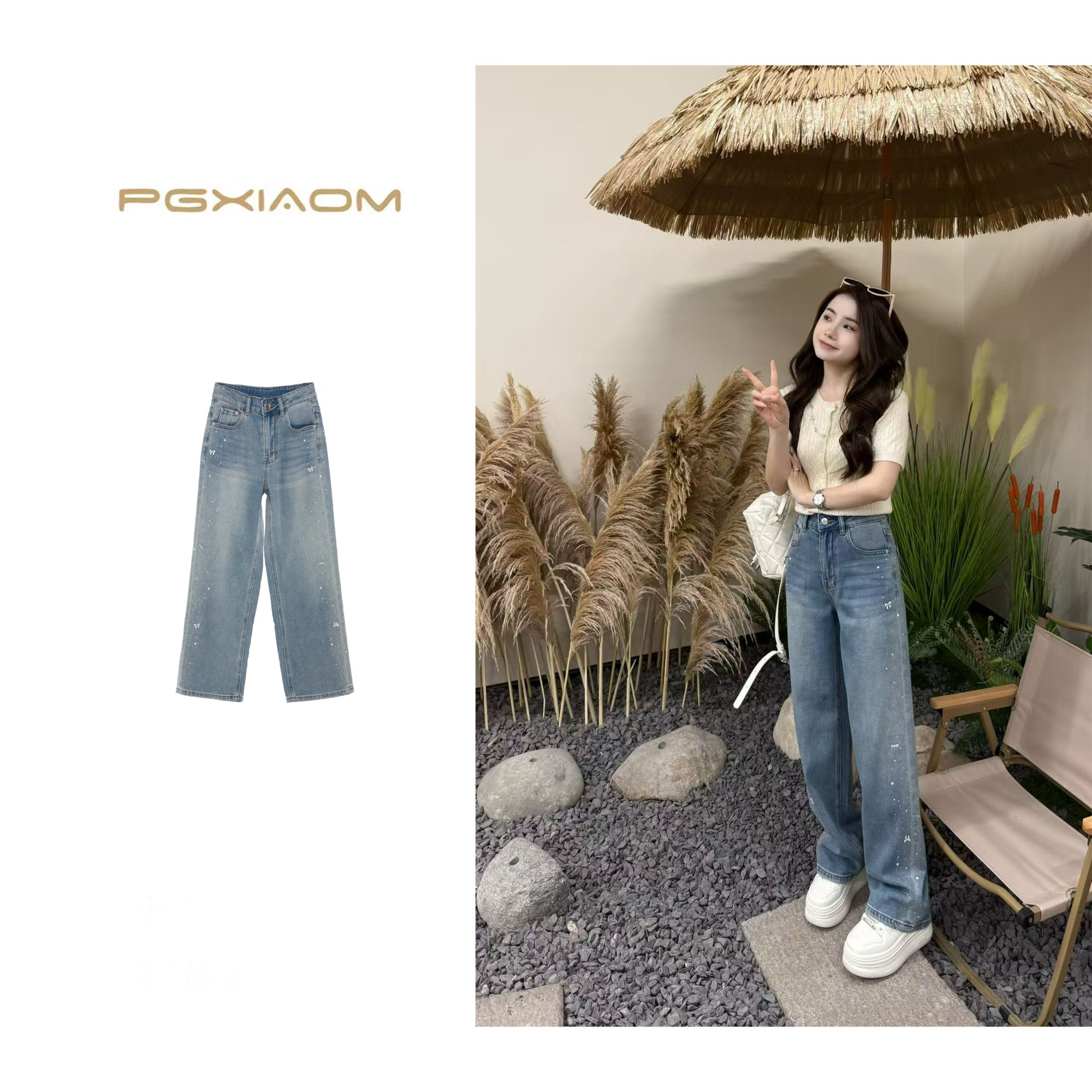 【PGXIAOM】润秀定制【闪闪裤】蓝色烫钻牛仔阔腿裤KZ9798