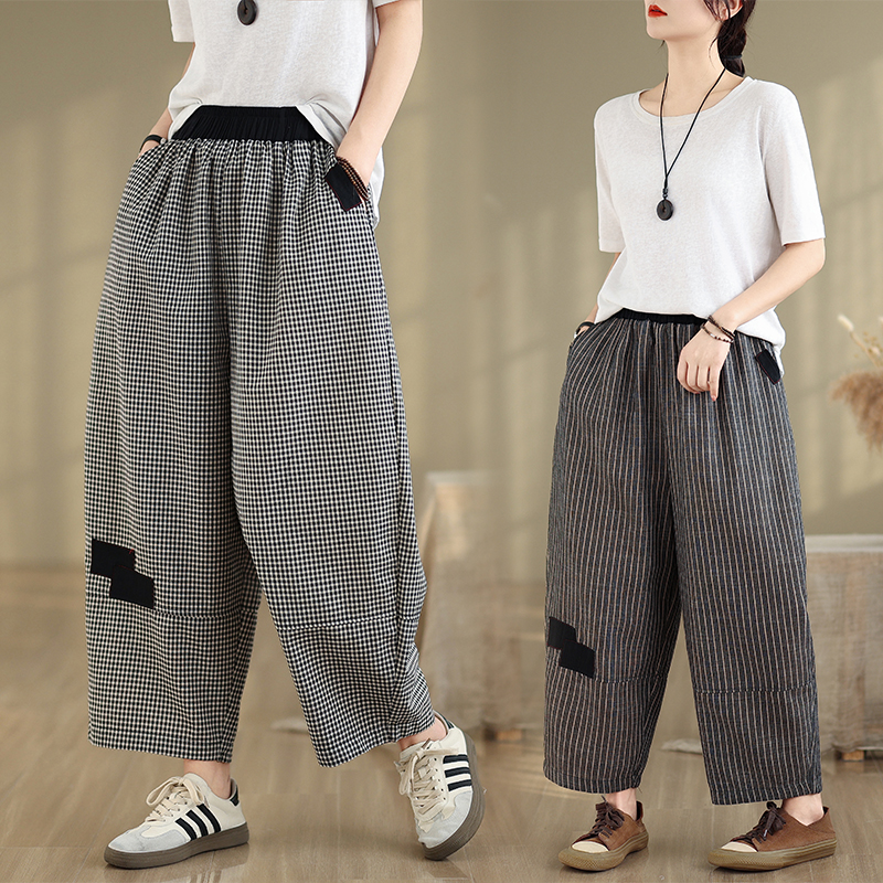 夏天薄款棉麻宽松大码松紧腰撞色格子九分哈伦裤女百搭休闲阔腿裤