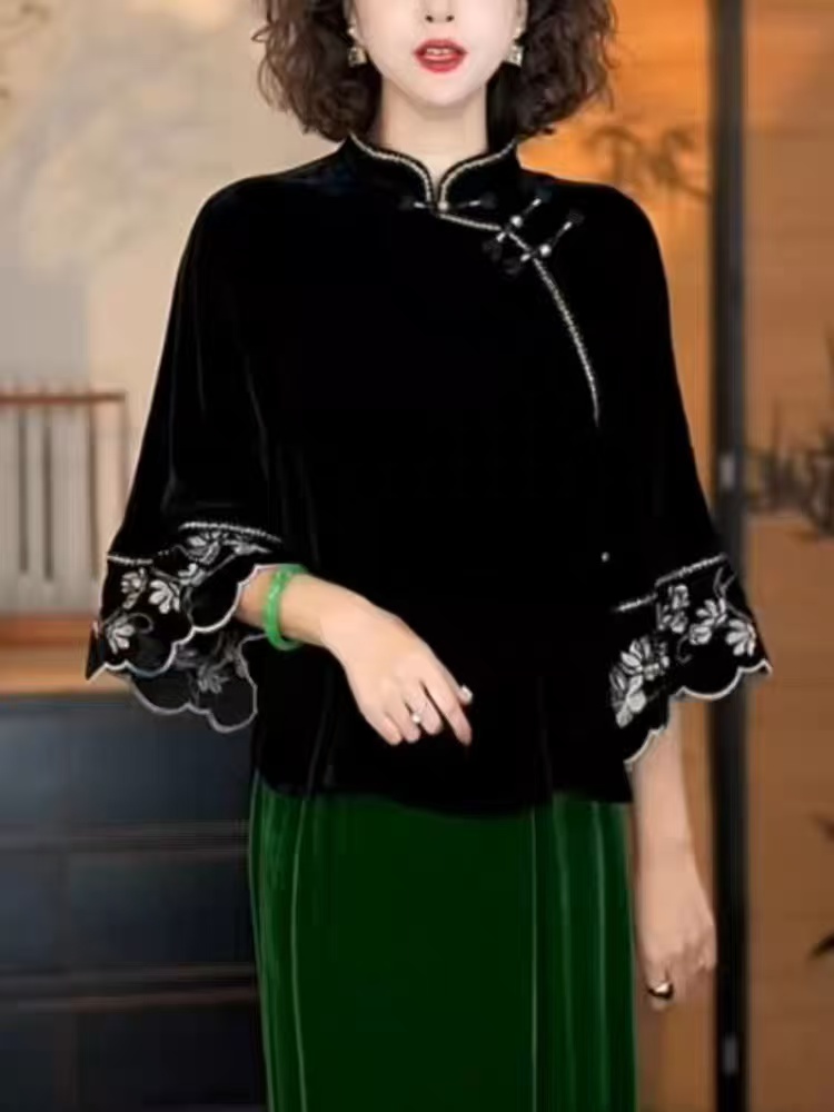 墨锦】新中式国风高端丝绒衬衫女秋冬别致漂亮气质减龄上衣517