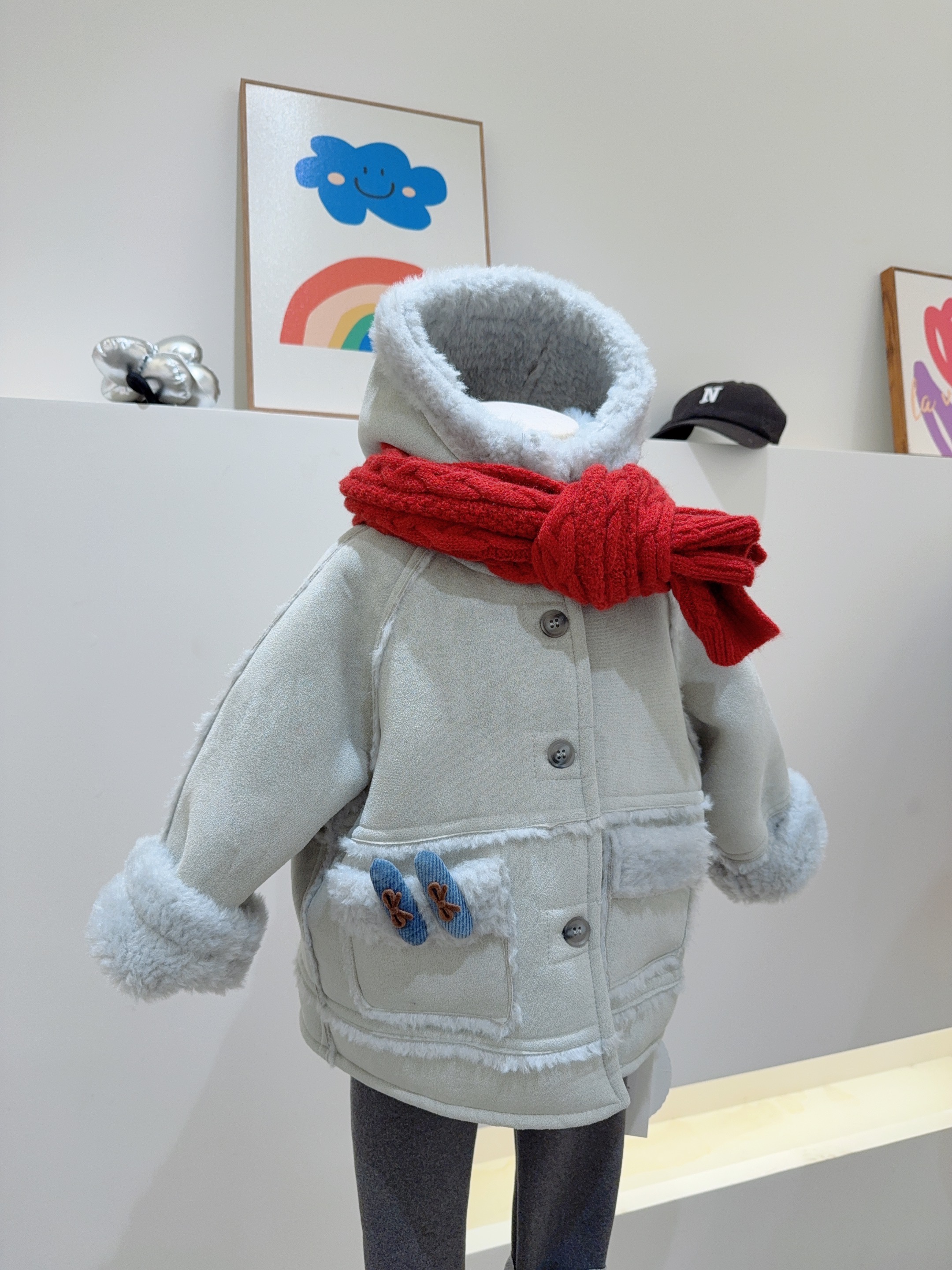 韩剧偶像style~087冬灰蓝色皮毛一体洋气保暖男女宝毛毛外加厚套