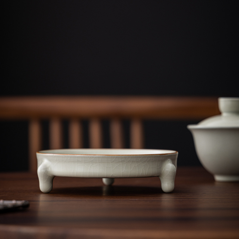 国潮主人杯米黄汝窑汝瓷三足壶承干泡台壶托茶具配件茶具配件